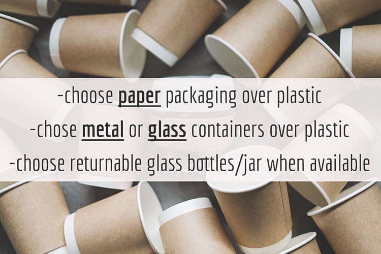 tips for zero waste shopping in a normal grocery store, using paper, metal and glass containers, especially if they are reusable or returnable is better than using plastic.